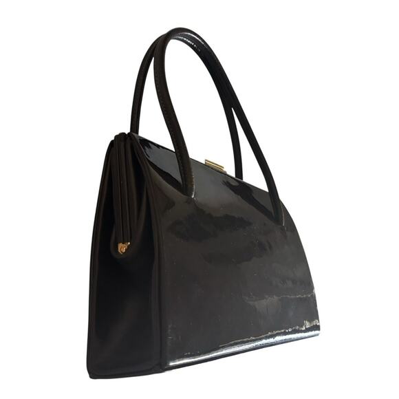 Waldybag Classic Dainty Dark Chestnut Brown Patent Leather Top Handles Bag 1950s - Picture 9 of 13